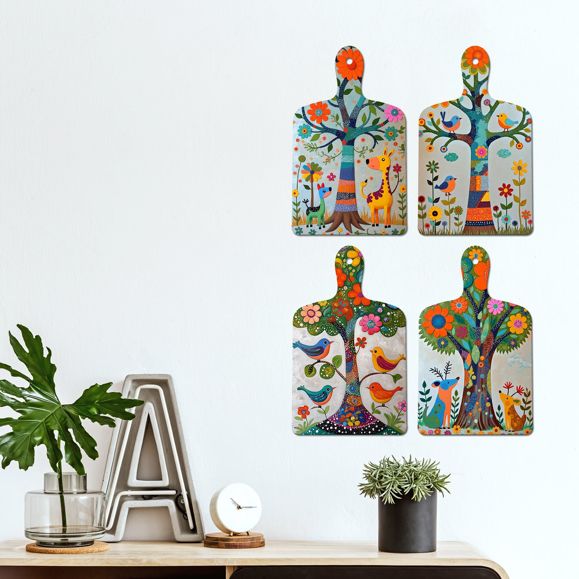 Artvibes Indian Folk Art Tree of Life Decorative Wall Art MDF Wooden Wall Hanger for Home | Printed Wall Decoration | Graphic Artwork | Wall Illustrations | Sceneries | Gift Items (WH_5656N), Set of 4