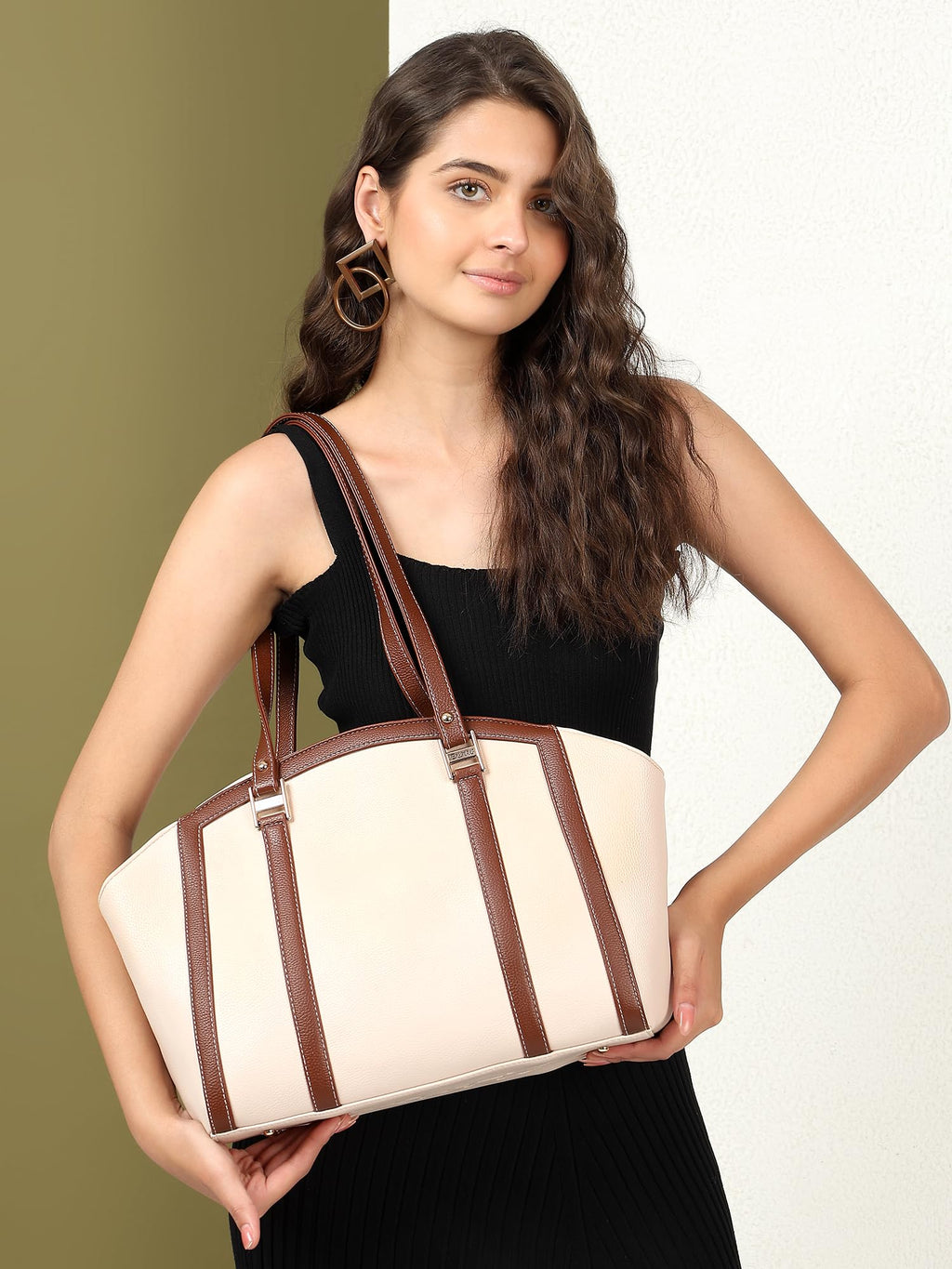EXOTIC Shoulder Handbag for Women, Classic Fashion Design with Contrast Stitching (Beige)