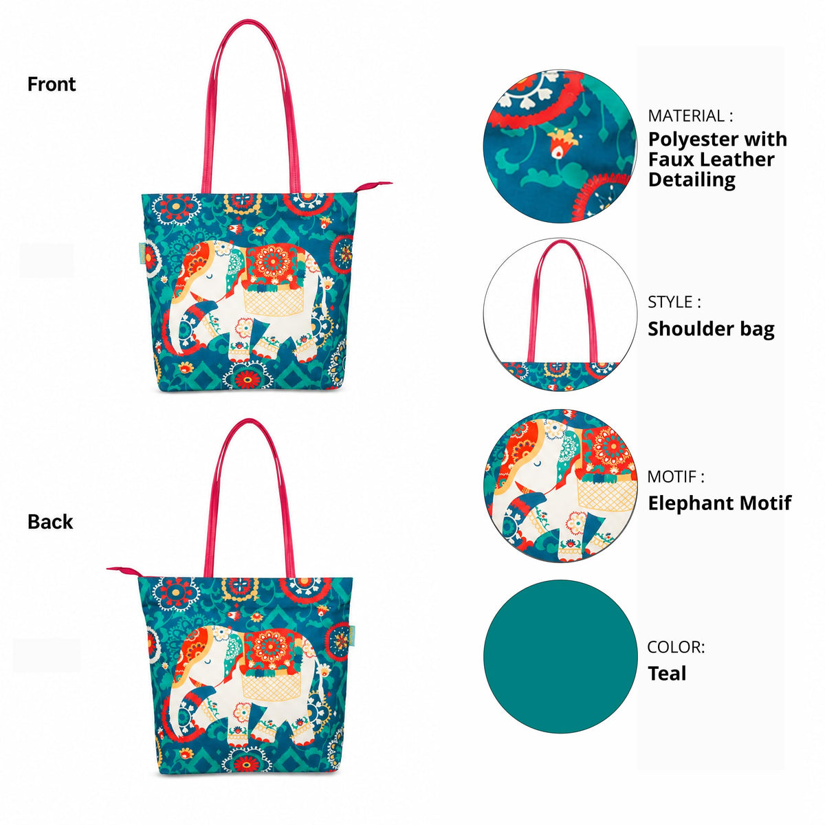 Chumbak Regal Elephant Tote Bag – Canvas Shoulder Bag for Women with Zipper Closure, Teal Ethnic Print, Stylish Office & Travel Handbag
