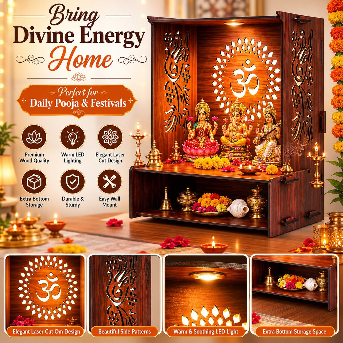 PIXIEDAISY Wooden Temple for Home with LED Light | Wall Mounted Pooja Mandir for Home & Office | Beautiful Wooden Pooja Stand for Living Room, Prayer Room & Hindu Temple Décor (Style-2)