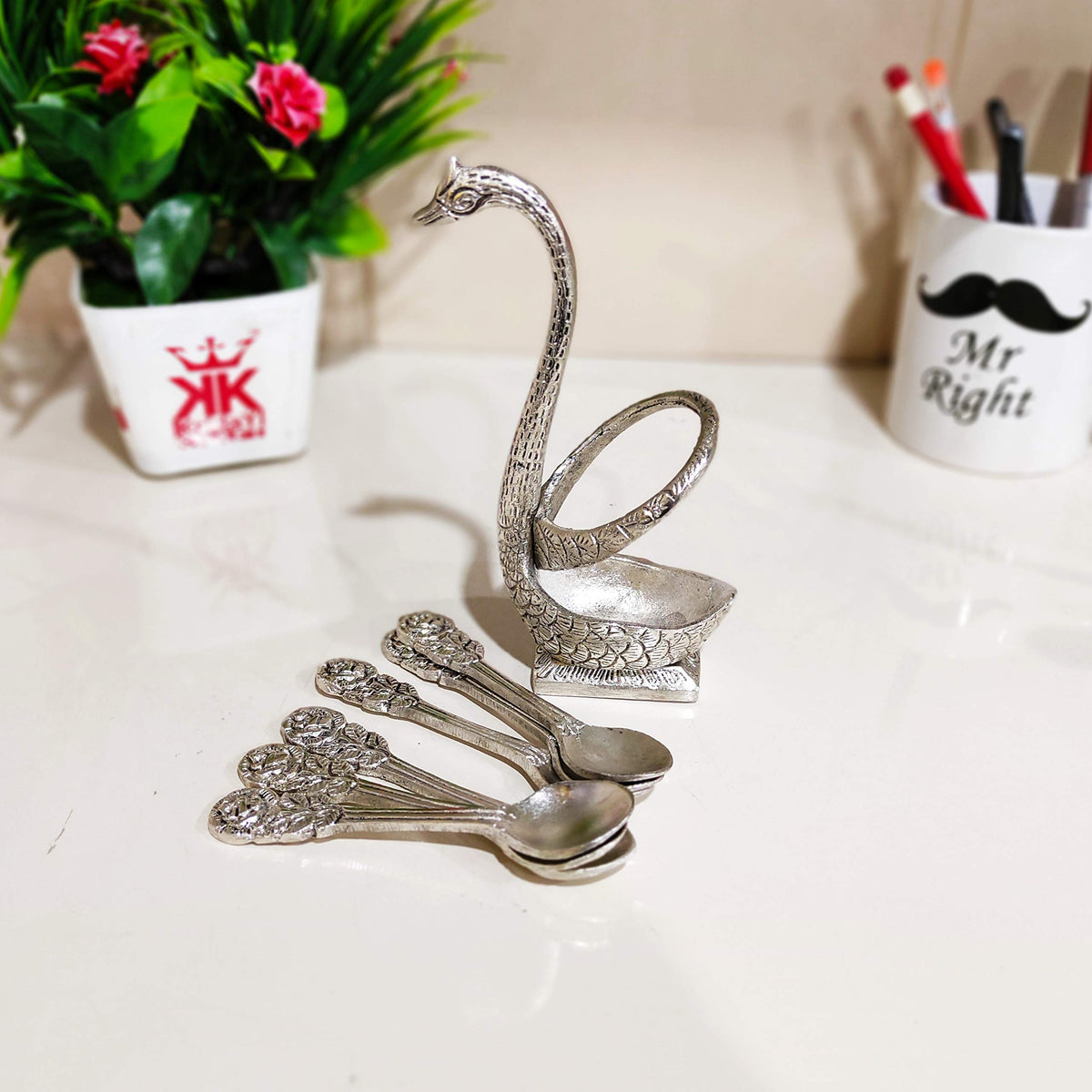 Kridaykraft Metal Swan (Duck) Silver Spoon Stand for Dining Table/6 Pc Spoon Set with Stand/Decorative Spoon Rest Showpiece Item for Dining Table...