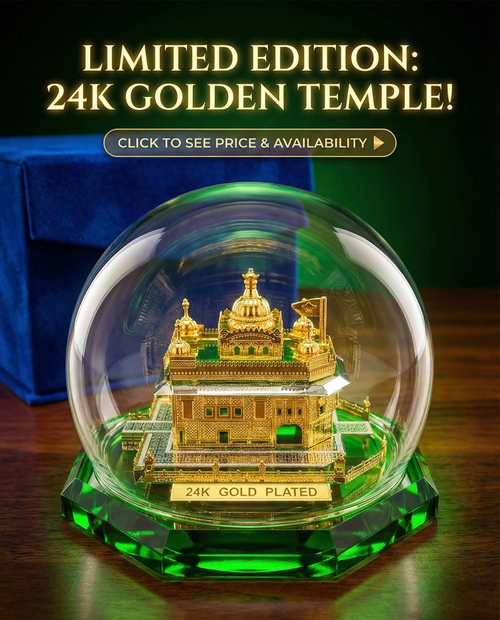Golden Temple Model with Glass Dome, Decorative Religious Sculpture on Green Crystal Base.