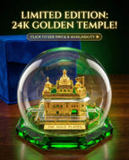 Golden Temple Model with Glass Dome, Decorative Religious Sculpture on Green Crystal Base.