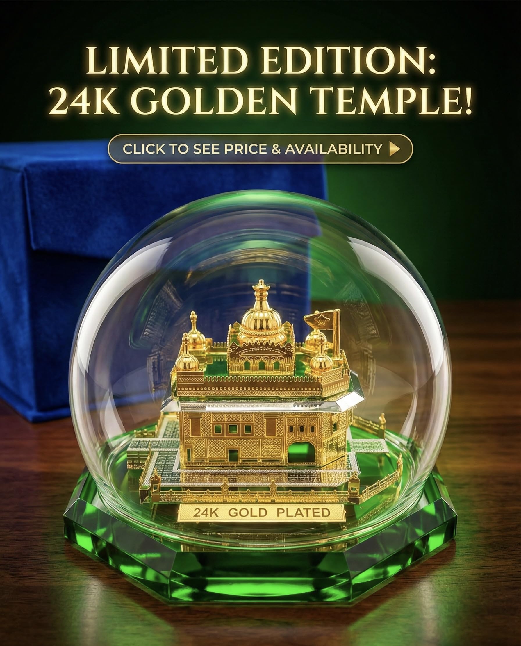 Golden Temple Model with Glass Dome, Decorative Religious Sculpture on Green Crystal Base.