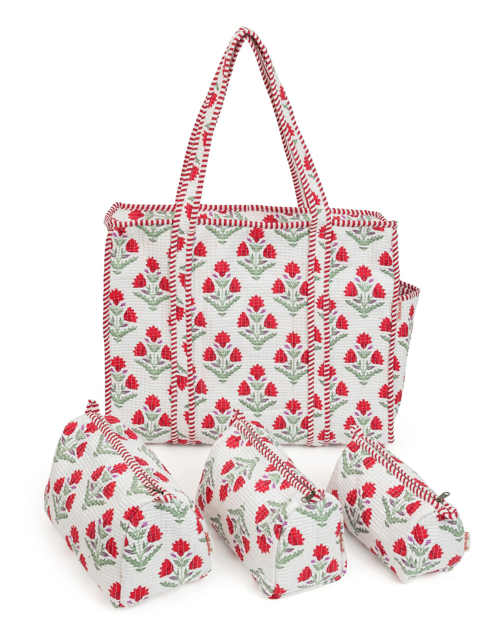 NIKAVIK 1 Tote Bag and 3 Pouches | Jaipuri Quilted fabric Handblock Printed Tote Bag (with zip closure and bottle compartment) with Matching Pouches (White Red)