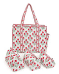 NIKAVIK 1 Tote Bag and 3 Pouches | Jaipuri Quilted fabric Handblock Printed Tote Bag (with zip closure and bottle compartment) with Matching Pouches (White Red)