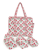 NIKAVIK 1 Tote Bag and 3 Pouches | Jaipuri Quilted fabric Handblock Printed Tote Bag (with zip closure and bottle compartment) with Matching Pouches (White Red)