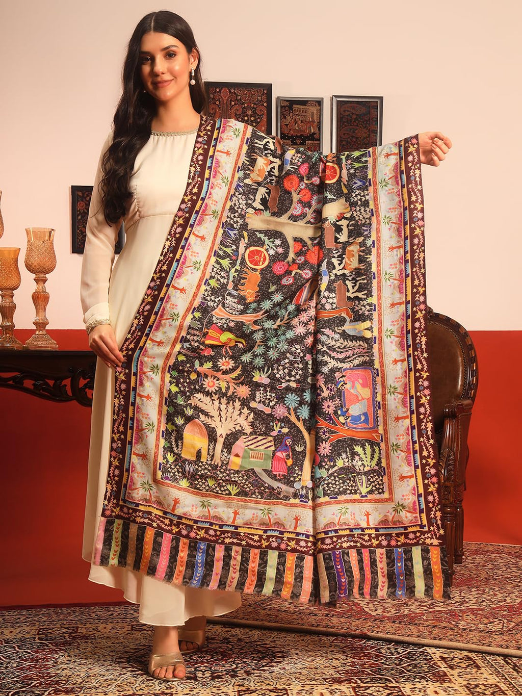 Pashmoda Women Naqshkaar Fine Wool Fabric Pashmina Kalamkari Embroidered Shawl (Size: 40x80in, 101x203cm) KAS12