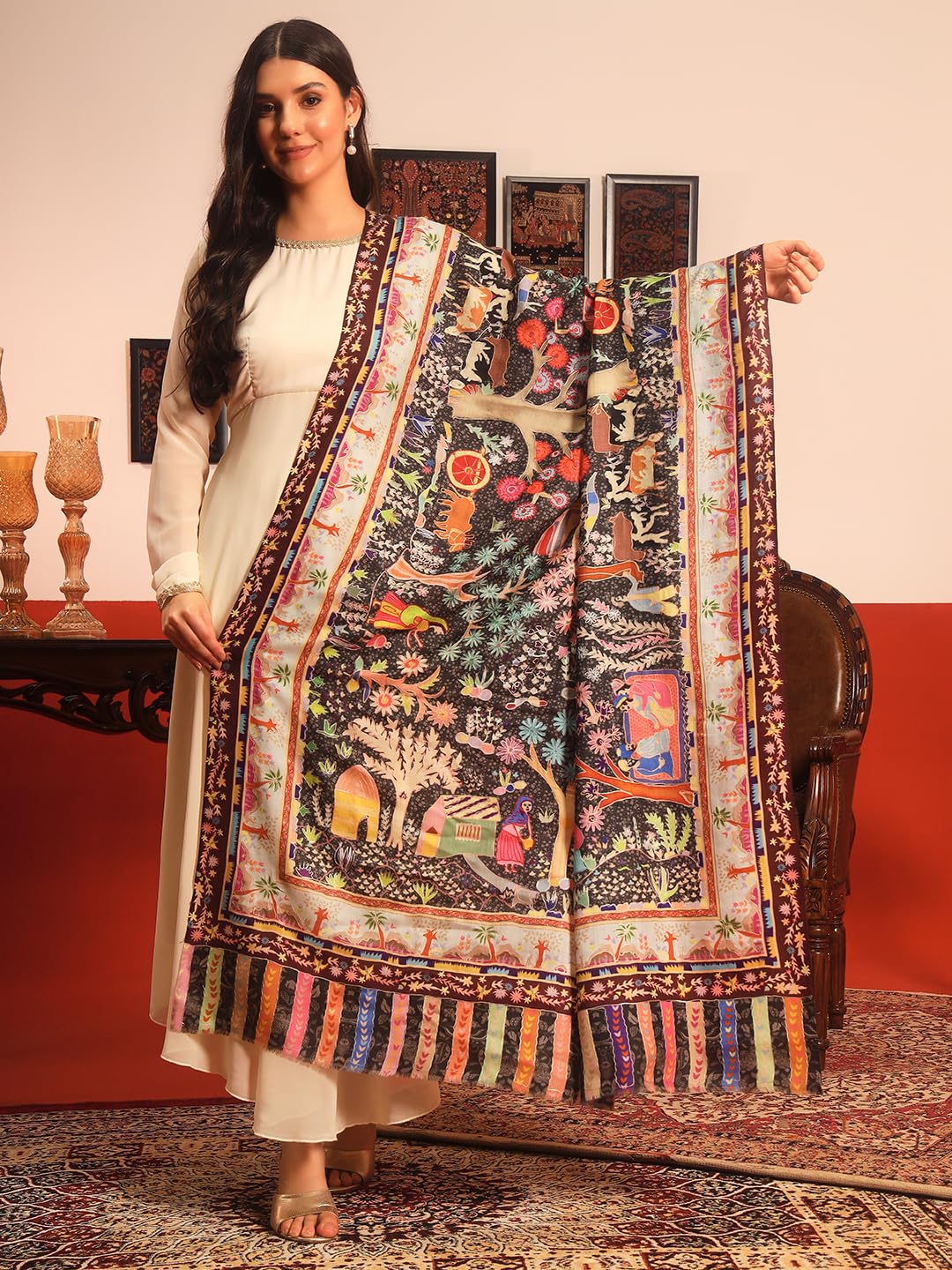 Pashmoda Women Naqshkaar Fine Wool Fabric Pashmina Kalamkari Embroidered Shawl (Size: 40x80in, 101x203cm) KAS12