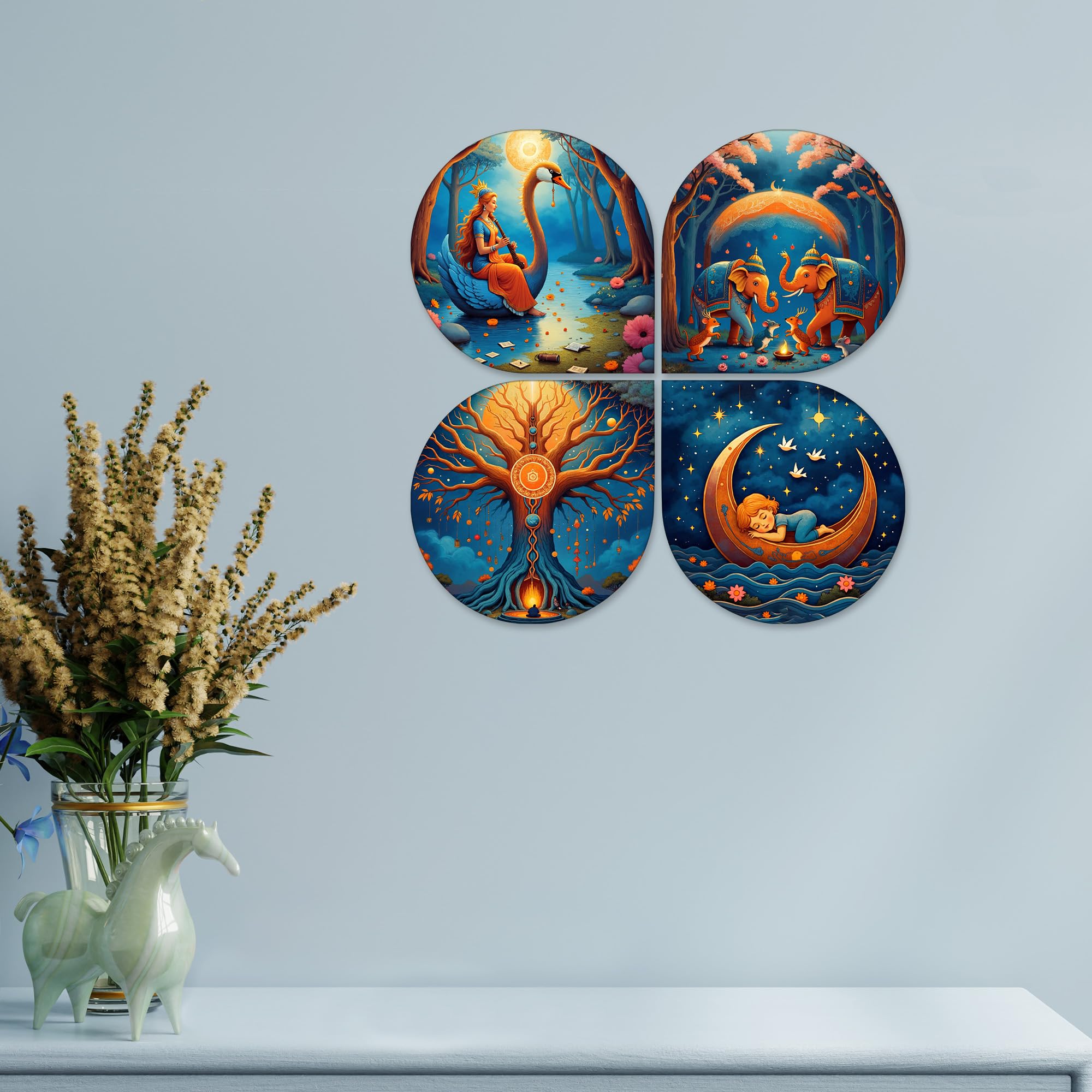 Artvibes Spiritual Decorative MDF Wooden Wall Art for Home | Graphic Artwork | Decoration Wall Hanging Items | Wall Sculpture | Wall Poster | Aesthetic Wall Art | Unique Gift (WH_8454N), Set of 4
