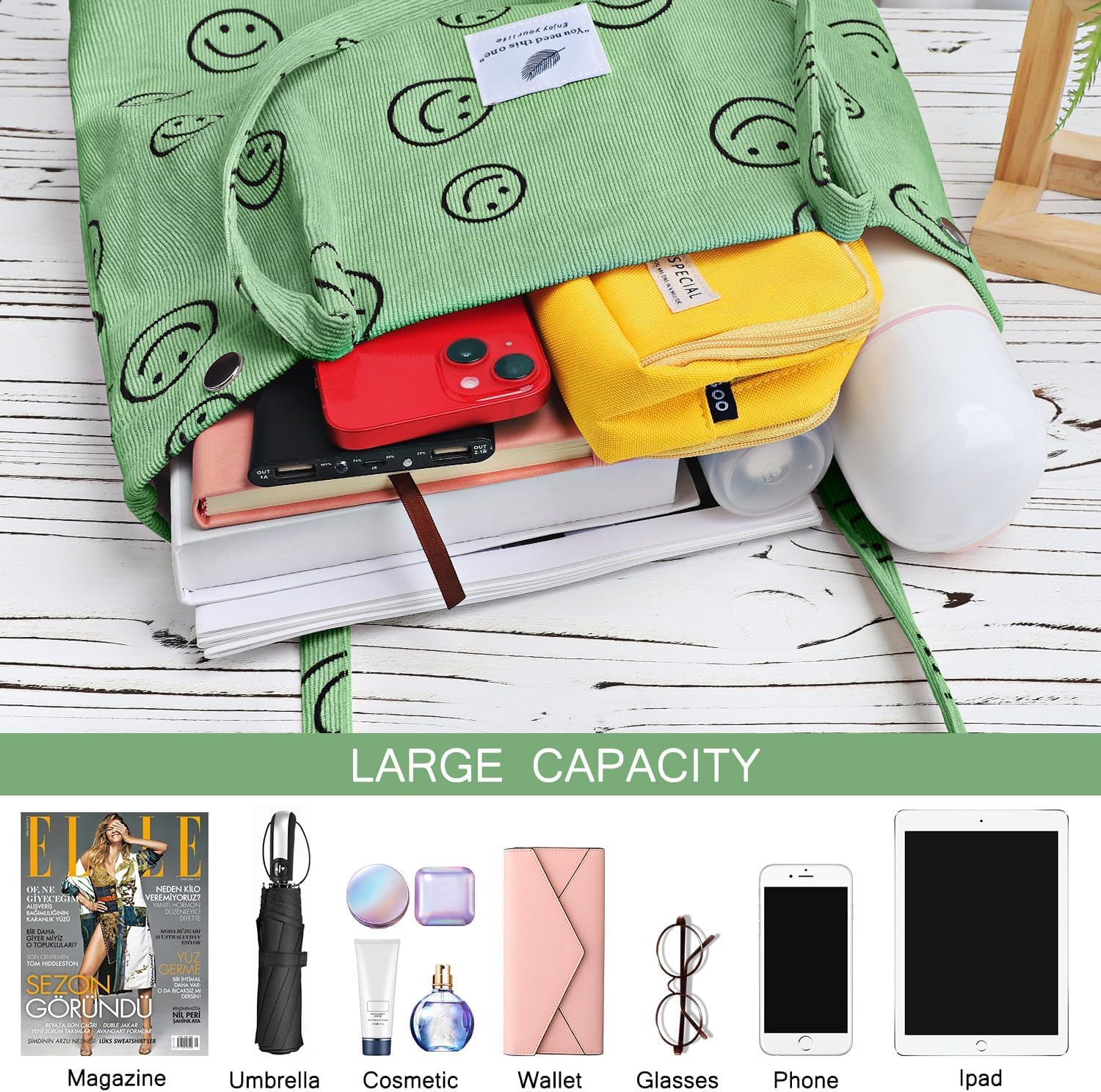 Kawn Women Corduroy Canvas Tote Bag Shoulder Purse Reusable Shopping Bag Grocery Bag Large Capacity Washable Handbag Girls Shoulder Bag With Inner Pocket For Daily Use (Smiley Pea Green)