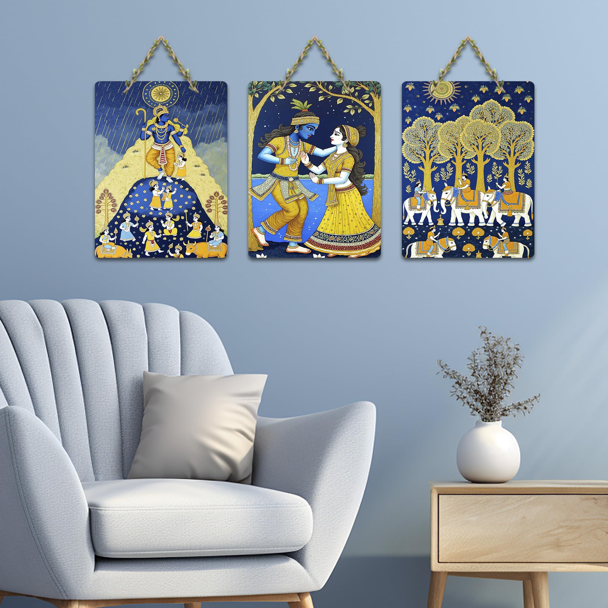 Artvibes Spiritual Artwork Decorative Wall Hanging Ornaments | Graphic Artwork | Door Decoration Items | Paintings For Wall | Wall Illustrations | Handcrafted Art | Gift Items (WH_96117N), Set of 3