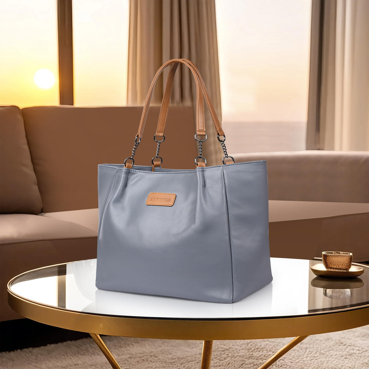 EARTHEA Women’s Faux Leather Tote Bag for Women | Stylish Shoulder Handbag with Zipper Closure & Spacious Compartments | Office Tote Bag for Women, Laptop & Daily Use | Large Navy Tan Ladies Handbag