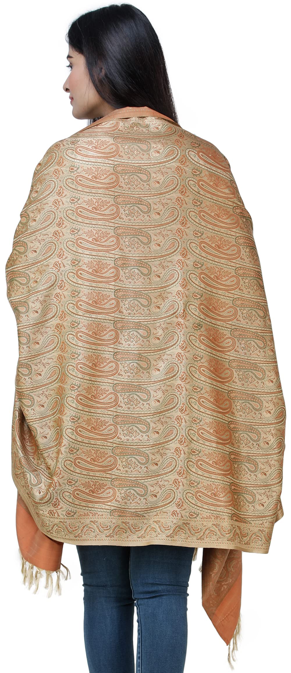 Exotic India Women's Banarasi Pure Silk Wool Shawl (SHX04--khaki)