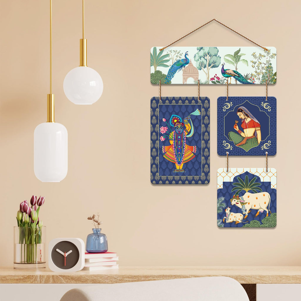 Artvibes Peacock, Woman & Cow Theme Pichwai Art Decorative Wall Art MDF Wooden Wall Hanger for Living Room | Wall Accent | Sceneries | Wall Art Print | Graphic Artwork | Unique Gift Items (WH_6529N)