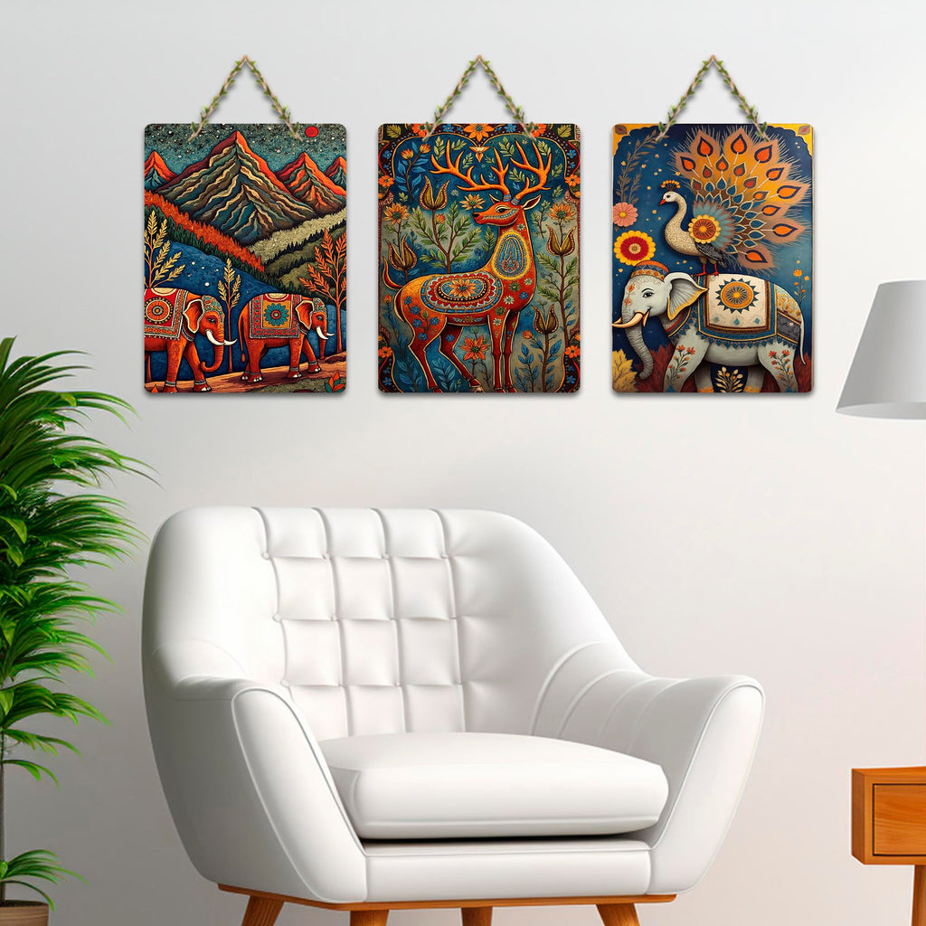 Artvibes Nature Theme Home Decor Wooden Art Decoration Item for Living Room | Festive Decor Art | Wall Art Painting For Hall | Graphic Artwork | Wall Poster | Unique Gift (WH_96109N), Set of 3