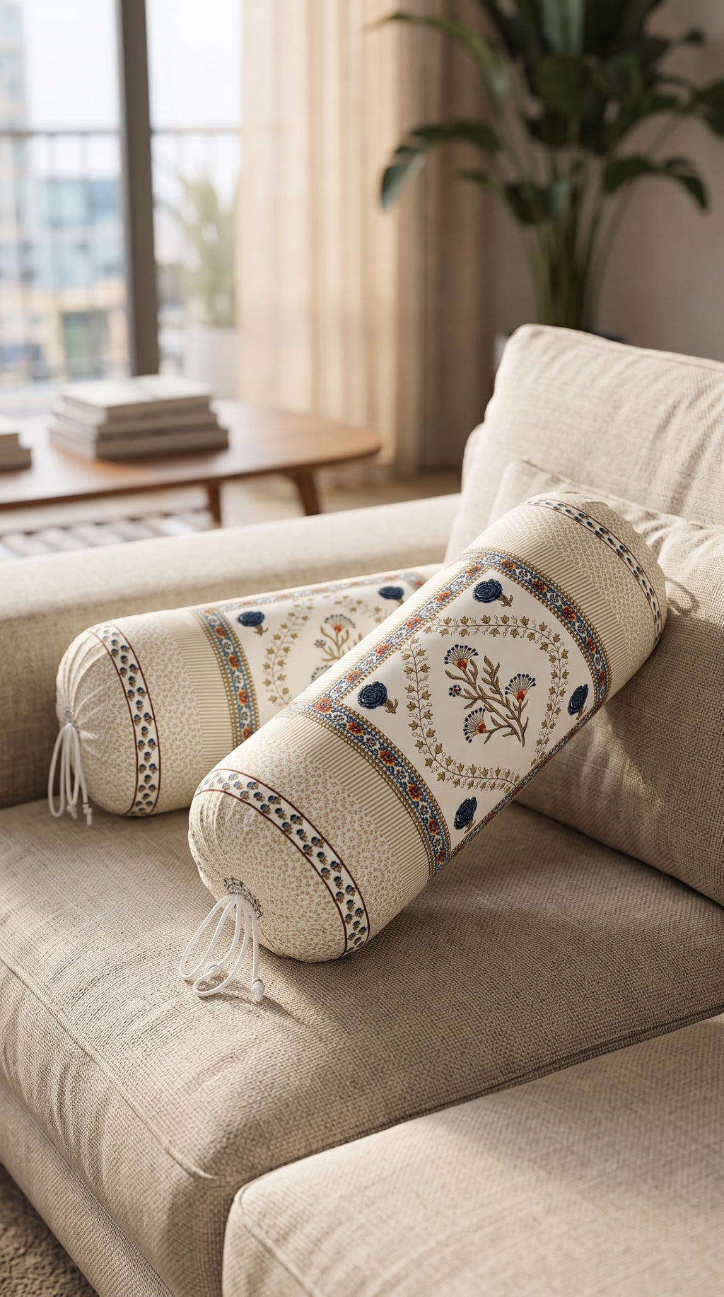 BLOCKS OF INDIA Cotton Hand Block Printed Bolster Cover | Booster Cover with Drawstring | Round Long Pillow Cover for Bed | Dewan Pillow Cover Set 16 X 32 | Set of 2 (Color 50)