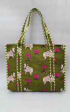 HOUSE OF GULAB Tote Bag for Women Cotton Canvas Bag with Long Handle & Inside Pocket, Shoulder Tote Handbag for Shopping College Office Travel Cloth Bag Ladies Tote Bag (Dark Green & Pink)