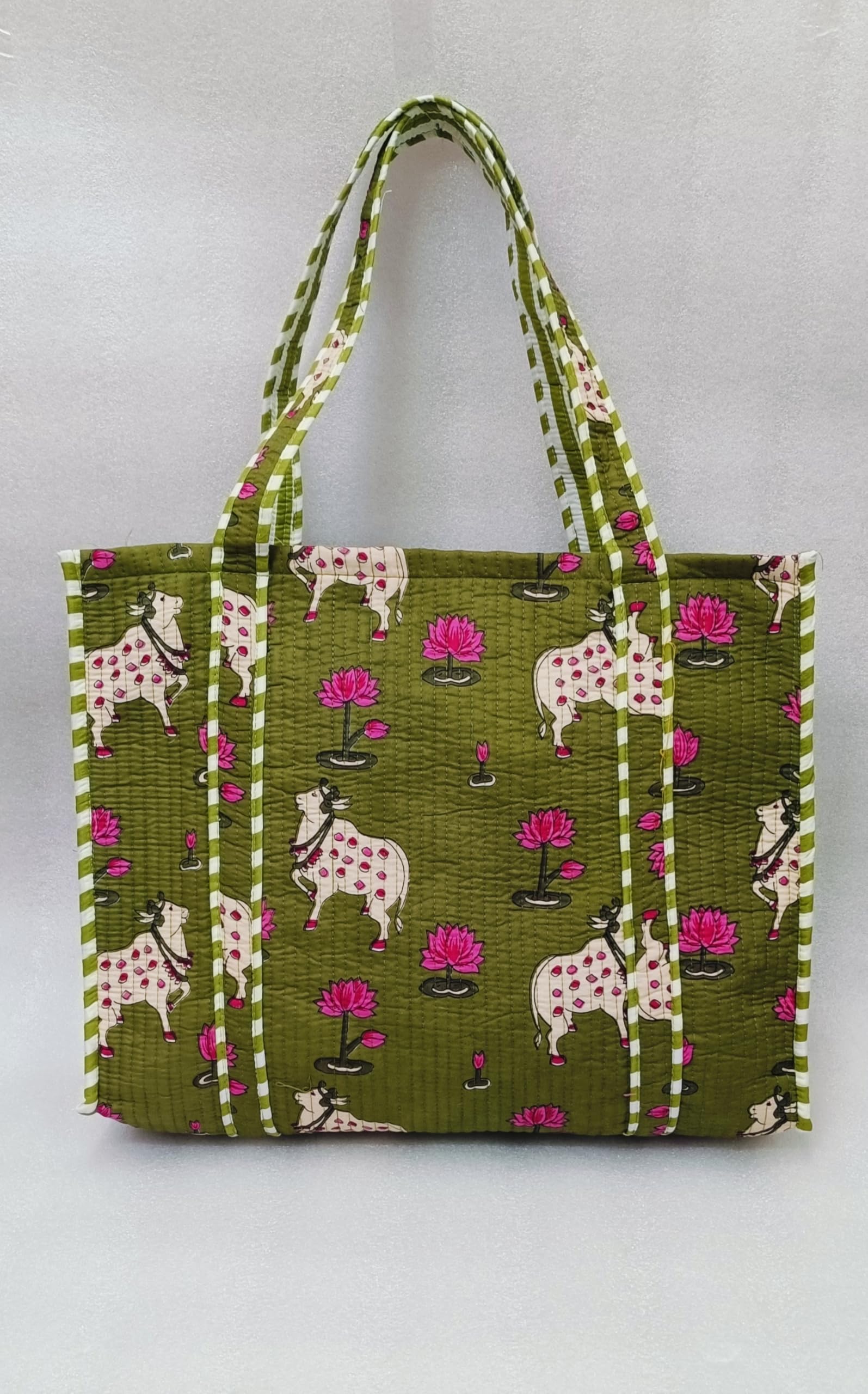 HOUSE OF GULAB Tote Bag for Women Cotton Canvas Bag with Long Handle & Inside Pocket, Shoulder Tote Handbag for Shopping College Office Travel Cloth Bag Ladies Tote Bag (Dark Green & Pink)