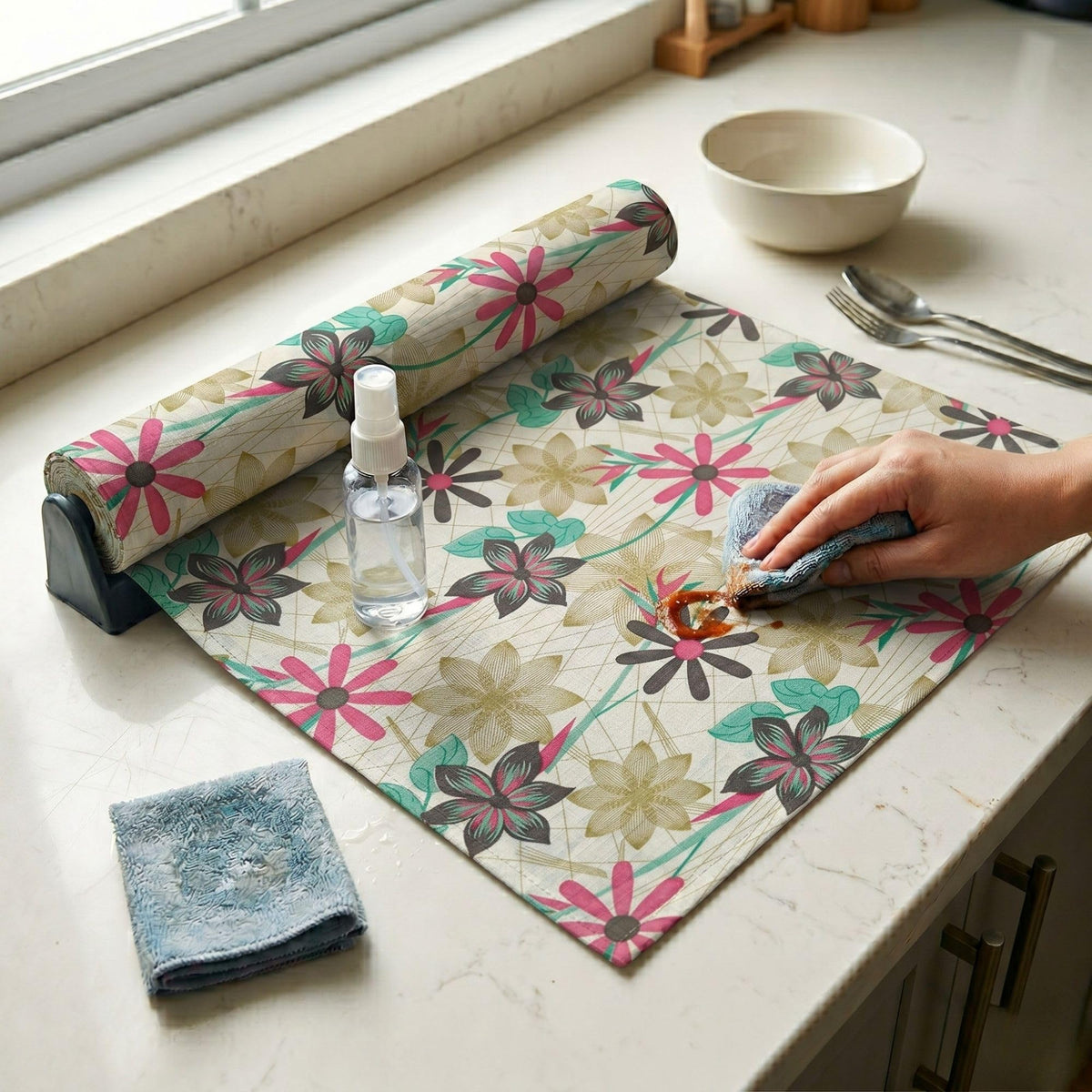MUSHIES Premium Washable Yellow Floral Placemat Roll (5 Metre x 17 Inch) | Multipurpose Kitchen Mat, Dining Table Mat, Fridge Mat, Wardrobe & Drawer Shelf Liner Kafalo