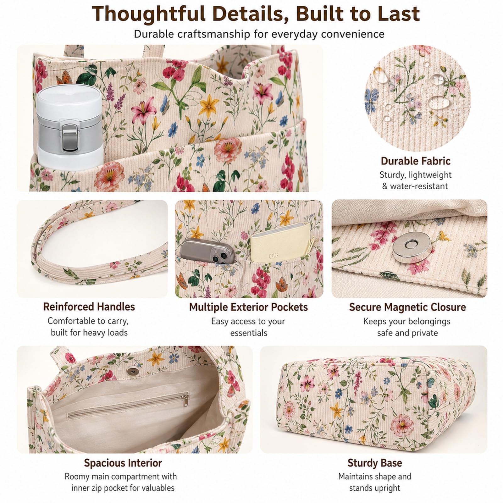 ZippyLiva Floral Corduroy Tote Bag - College Bags for Girls Stylish