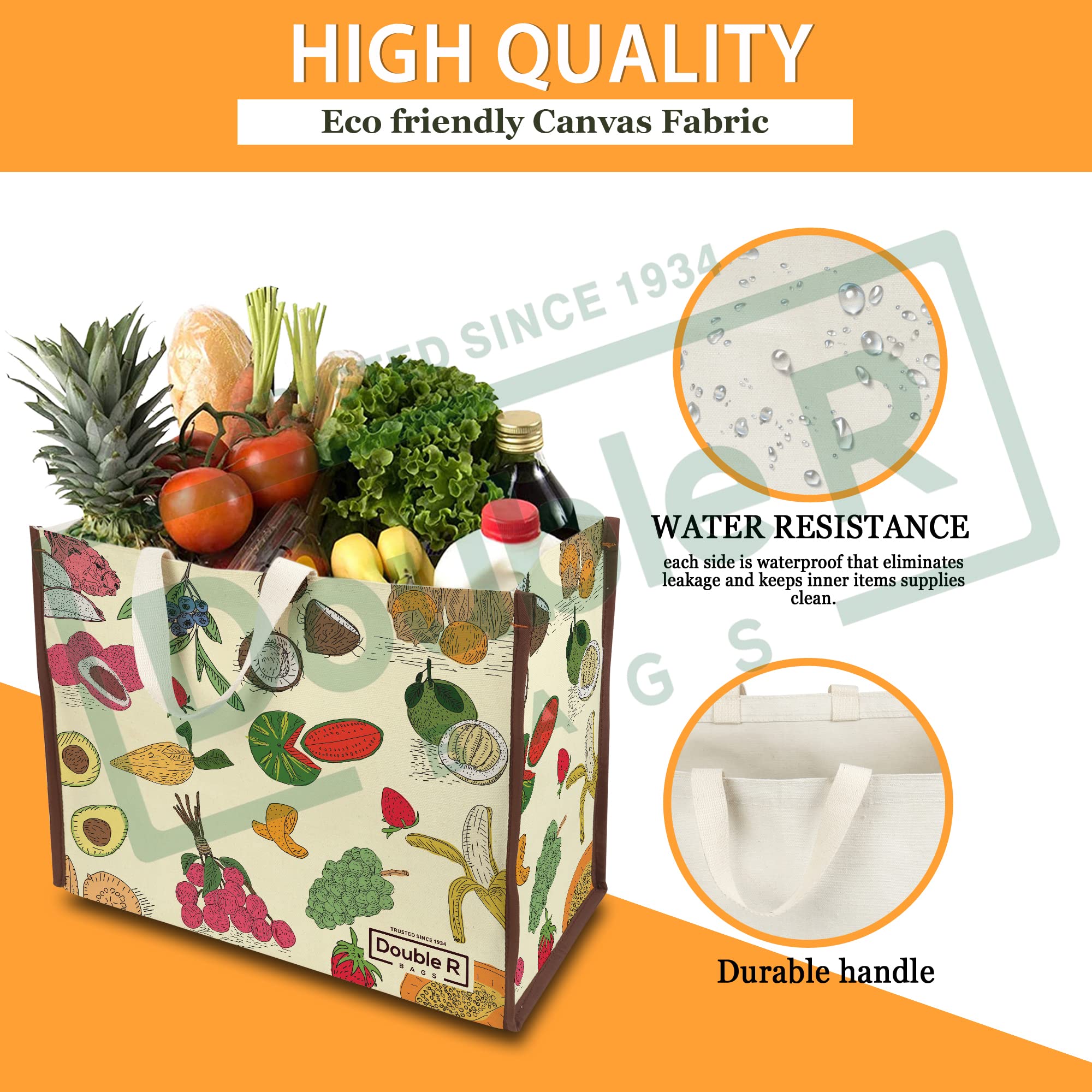 DOUBLE R BAGS Heavy Duty Cotton Canvas Grocery Shopping Bag | Eco-Friendly Cloth Tote for Vegetables, Milk, Fruits & Lunch | 44 x 20 x 33cm | 1 Compartment | Pack of 1 Fruit Print