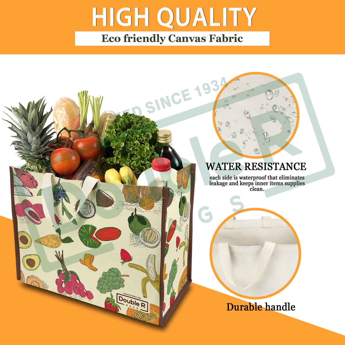 DOUBLE R BAGS Heavy Duty Cotton Canvas Grocery Shopping Bag | Eco-Friendly Cloth Tote for Vegetables, Milk, Fruits & Lunch | 33x44.4x20.3cm | 1 Compartment | Pack of 3 Fruit Print