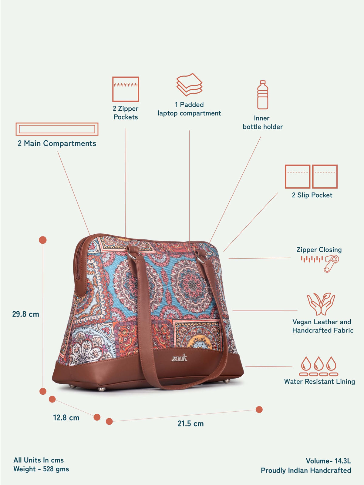 ZOUK Carry-All Work Bag | Stylish Handbag for Women Office Use | 13-Inch Laptop Compartment | Water-Resistant | Tote Bag for Office, College & Travel | Multicolor Mandala Print