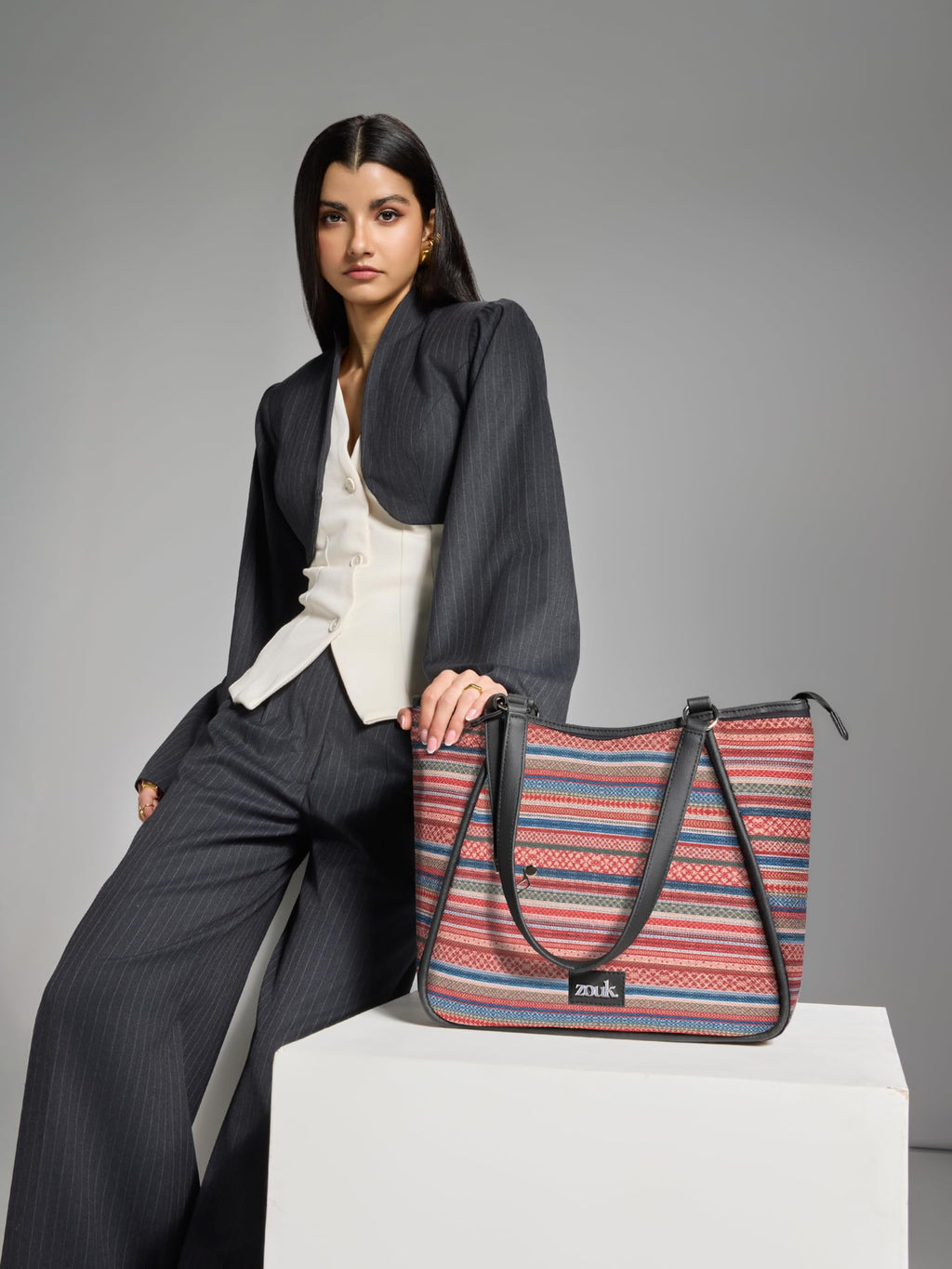 ZOUK Naisha Multicolor Stripes Tote Bag for Women | Vegan Leather Large Shoulder Handbag with Bottle Holder, Multiple Pockets & Water-Resistant Lining | Office, Travel & Daily Use | Assam Tapestry
