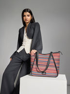ZOUK Naisha Multicolor Stripes Tote Bag for Women | Vegan Leather Large Shoulder Handbag with Bottle Holder, Multiple Pockets & Water-Resistant Lining | Office, Travel & Daily Use | Assam Tapestry