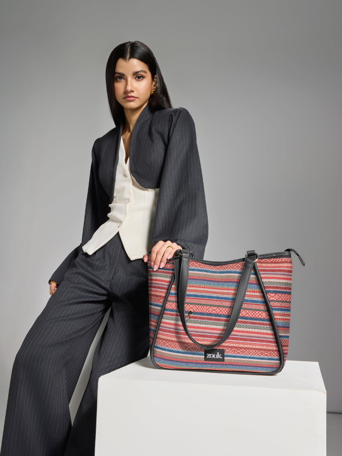 ZOUK Naisha Multicolor Stripes Tote Bag for Women | Vegan Leather Large Shoulder Handbag with Bottle Holder, Multiple Pockets & Water-Resistant Lining | Office, Travel & Daily Use | Assam Tapestry
