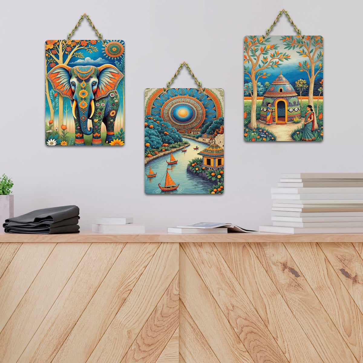 Artvibes Elephant & Colorful Indian Folk Art Decorative MDF Wooden Wall Art for Home | Printed Wall Decoration | Graphic Artwork | Aesthetic Wooden Decor | Sceneries | Unique Gift (WH_9669N), Set of 3