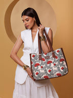 ZOUK Nawabi Couture Getaway Handbag | Jute | Vegan Leather Handcrafted Tote Bag | Beige and Red