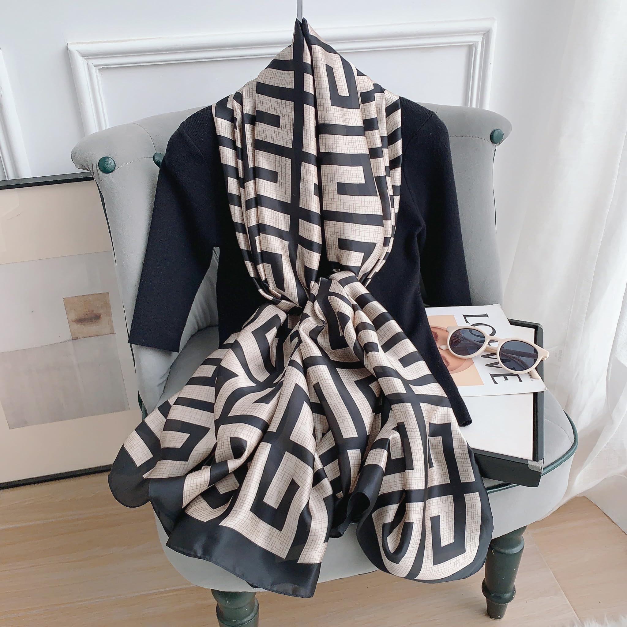 CrossKulture White & Black Satin Silk Like Scarf For Women | Stylish, Soft, & Lightweight | Satin Feel Neck Scarf, Hair Scarf, Head Scarf For Women | Long Silken Stole, (Female)