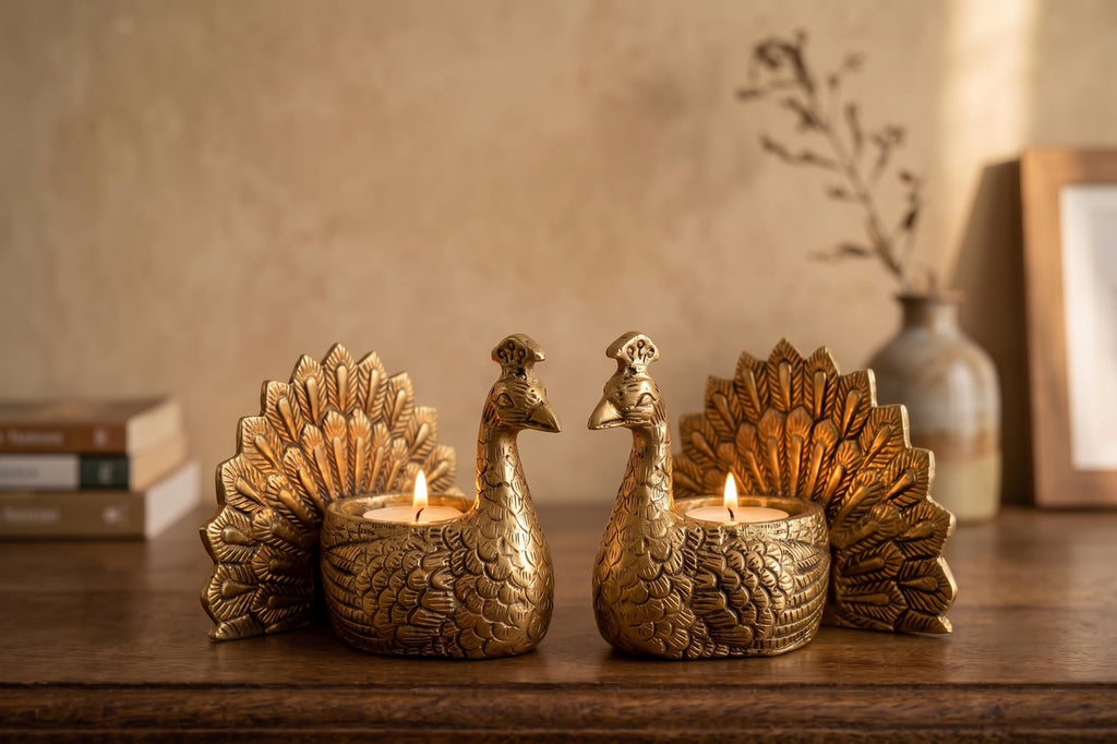 Kridaykraft Aluminum Peacock Pair Tealight Candle Holder Set | Gold Finish Traditional Decorative Showpiece for Home Decor, Diwali Diya, Living Room, Table Centerpiece & Festive Gifting (Set of 2)