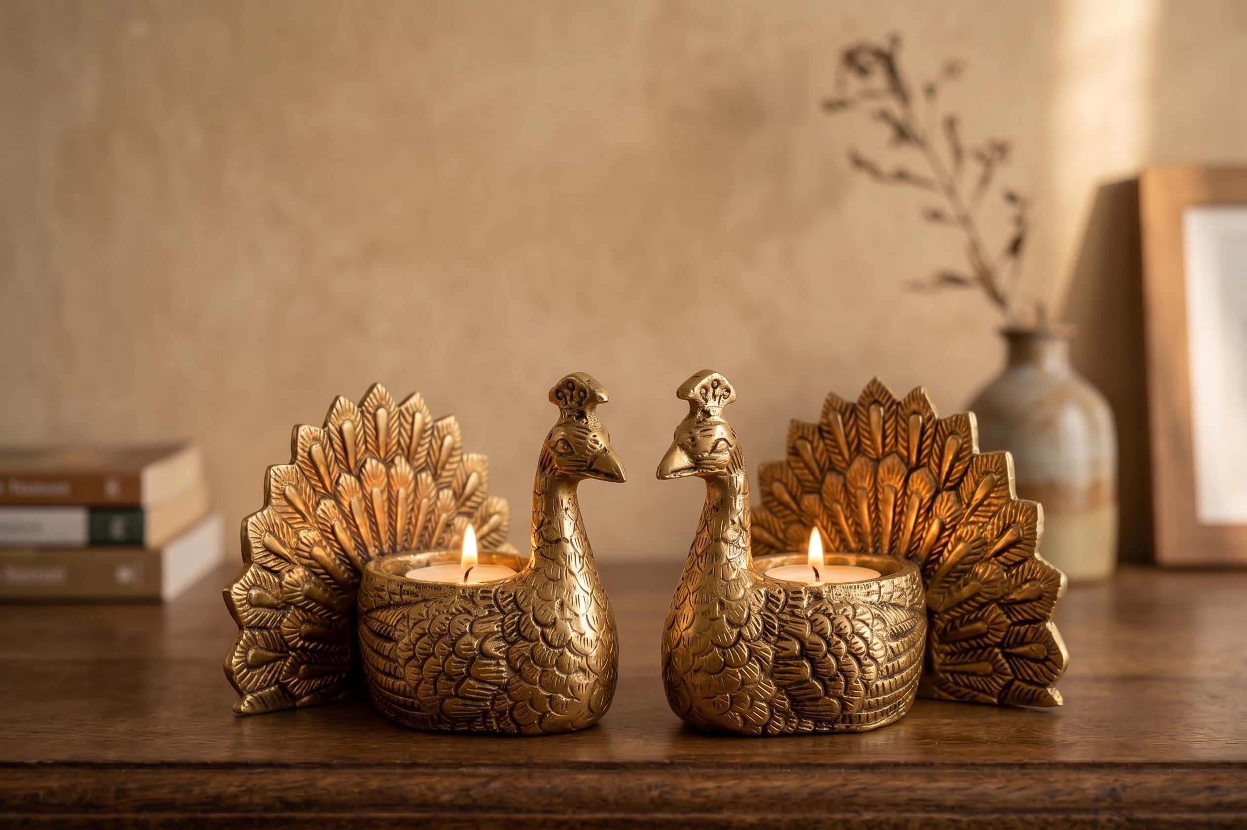Kridaykraft Aluminum Peacock Pair Tealight Candle Holder Set | Gold Finish Traditional Decorative Showpiece for Home Decor, Diwali Diya, Living Room, Table Centerpiece & Festive Gifting (Set of 2)