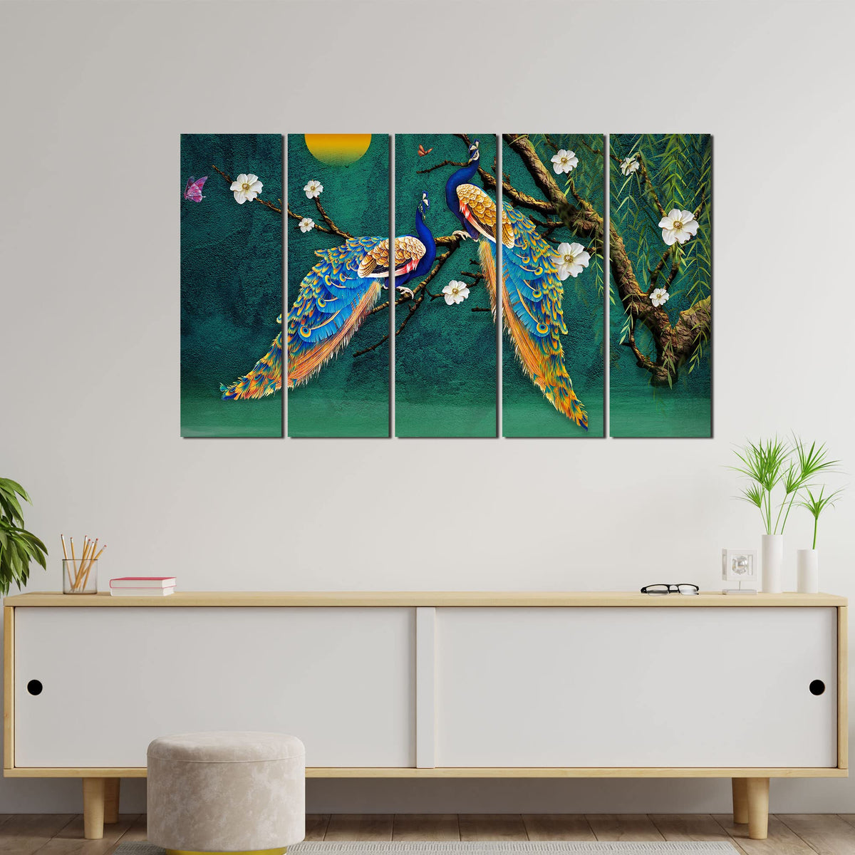 VIBECRAFTS Beautiful Pair of Peacock 5 Pieces Canvas Wall Painting For Home | Office | Living Room | Gift (PTVC5Pcs4_8528)