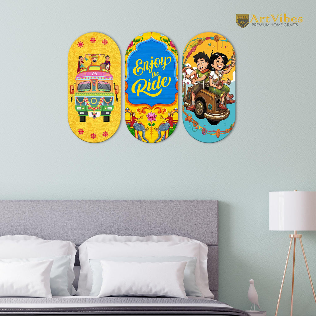 Artvibes Enjoy The Ride Travel Quote Printed Wooden Wall Hanging MDf Wall Art | Quotes Decor Item for Office | Traveller Quotes Wall Art | Wall Poster | Home Decor | Unique Gift (WH_9015N), Set of 3