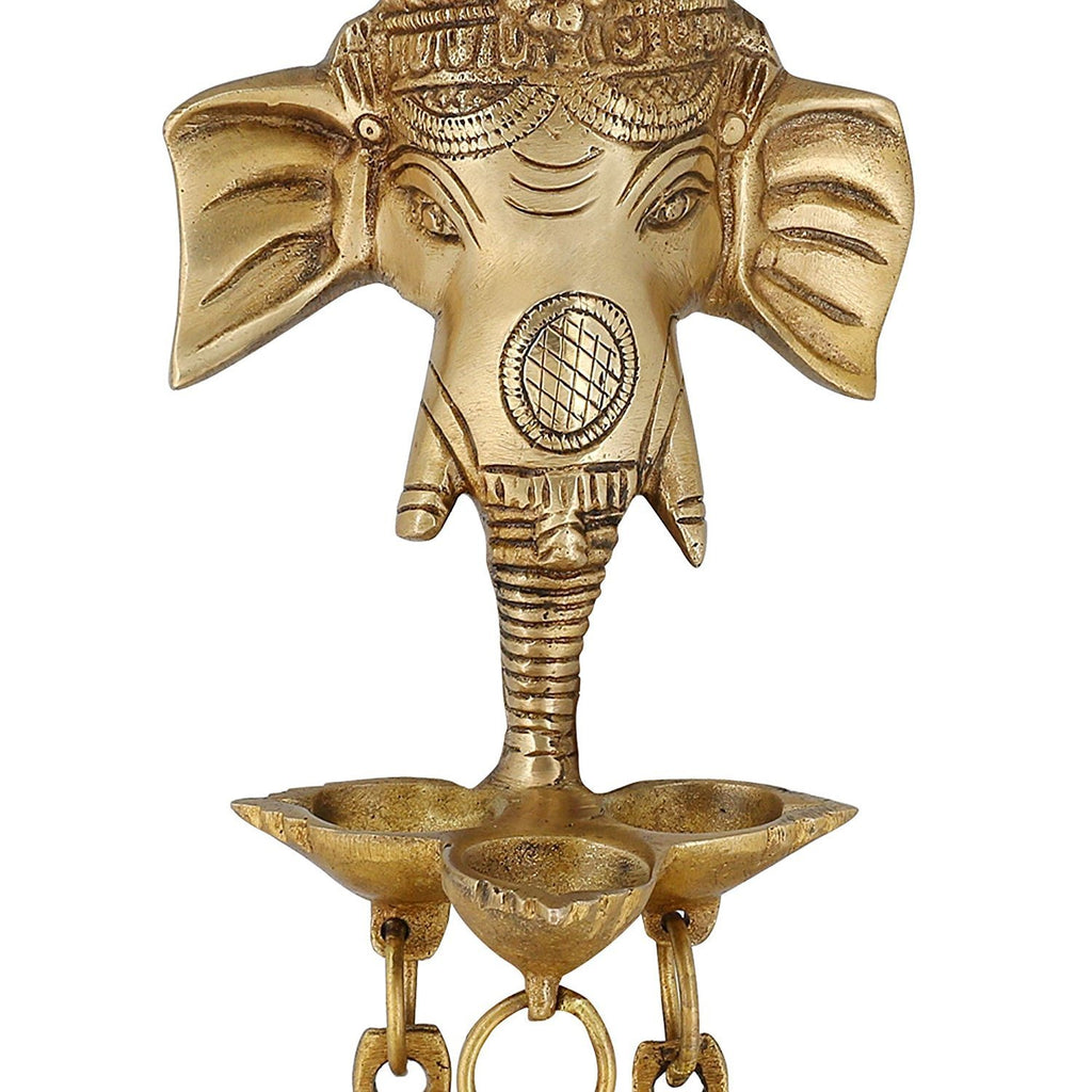 ARTVARKO™ Brass Ganesh Ganesha Wall Hanging Idol Oil Lamp Three Diyas and Bells Puja Gifting Entrance Home Decor Idol 9.5 Inch.