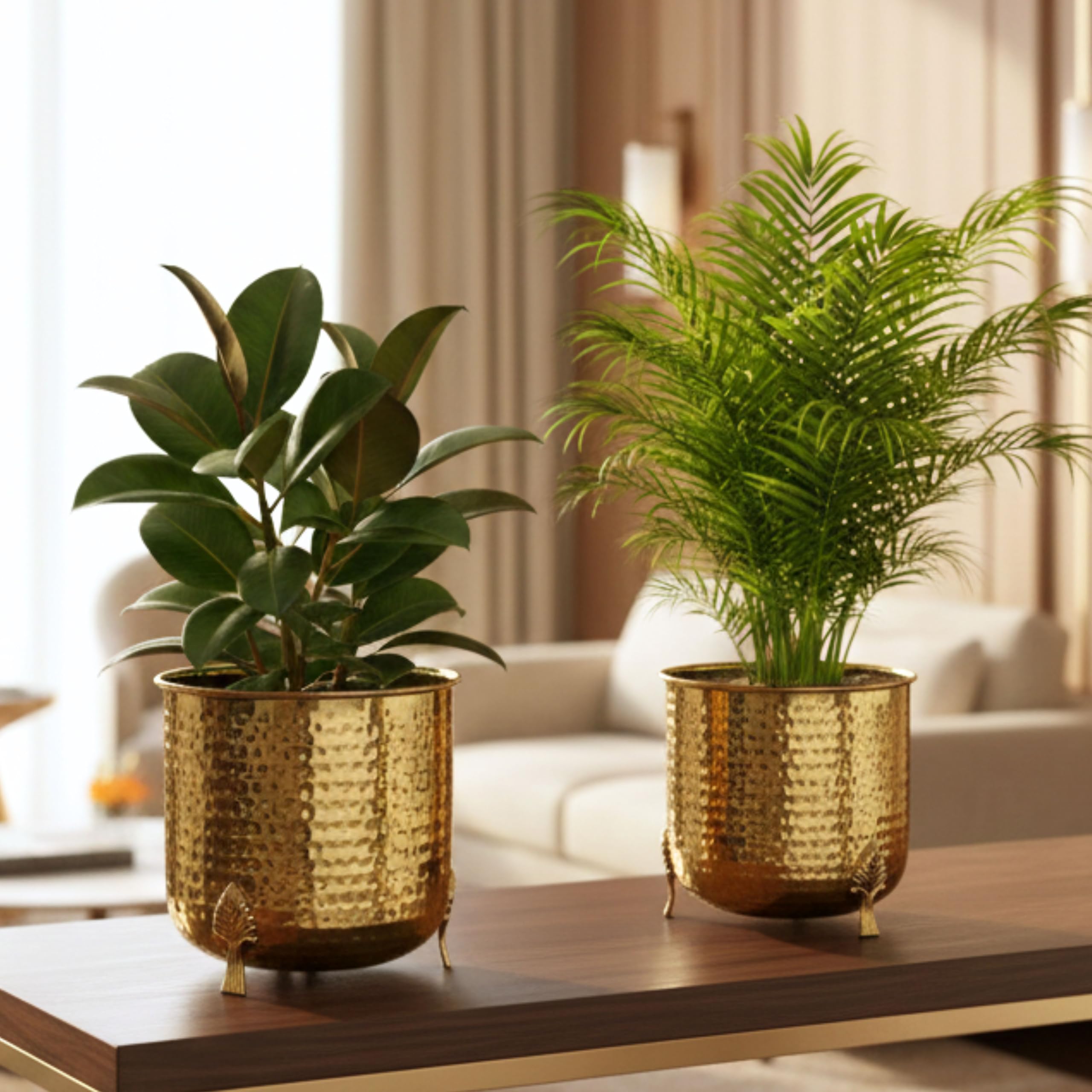 BEHOMA Hammered Gold Metal Planter for Home, Golden - Set of 2