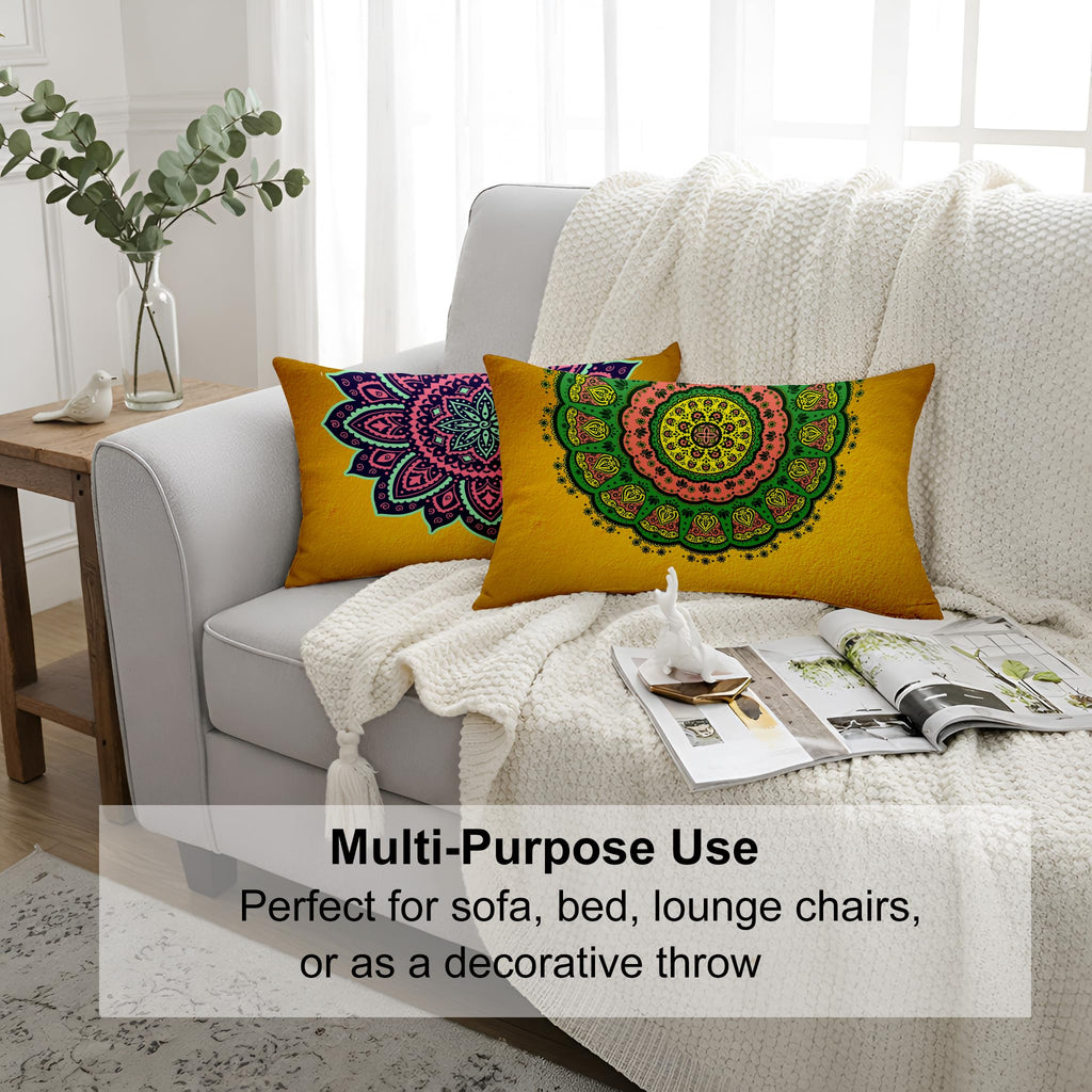 STITCHNEST Set of 2 Gajraj Folk Art Collection Printed Jute Cushion Covers 12x18 Inches | Decorative Throw Pillow Covers for Sofa, Living Room, Bedroom | Perfect for Home Decor