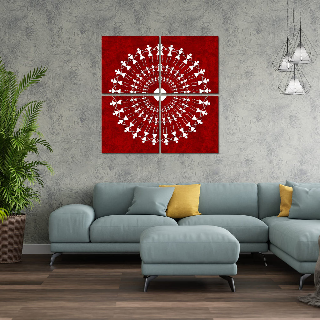 VIBECRAFTS Warli Art 4 Pieces Canvas Wall Hanging Painting Fitted With Wooden Frame For Home | Office | Living Room | Gifts (PTVC4Pcs5_16601)