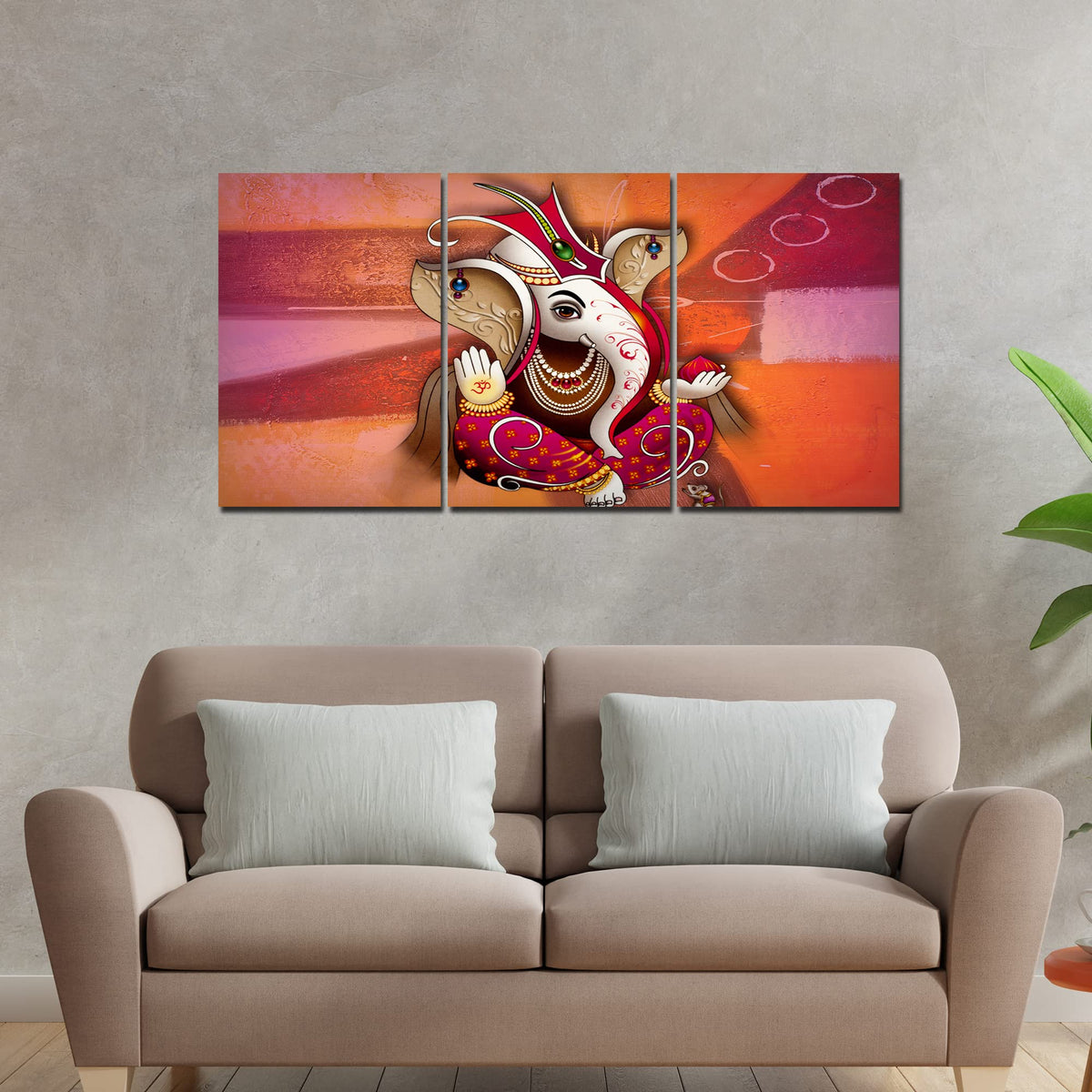 VIBECRAFTS 3 Pieces Beautiful Ganesh Canvas Wall Painting Fitted With Wooden Frame For Home | Office | Living Room | Gifts(PTVC3Pcs3_11513)