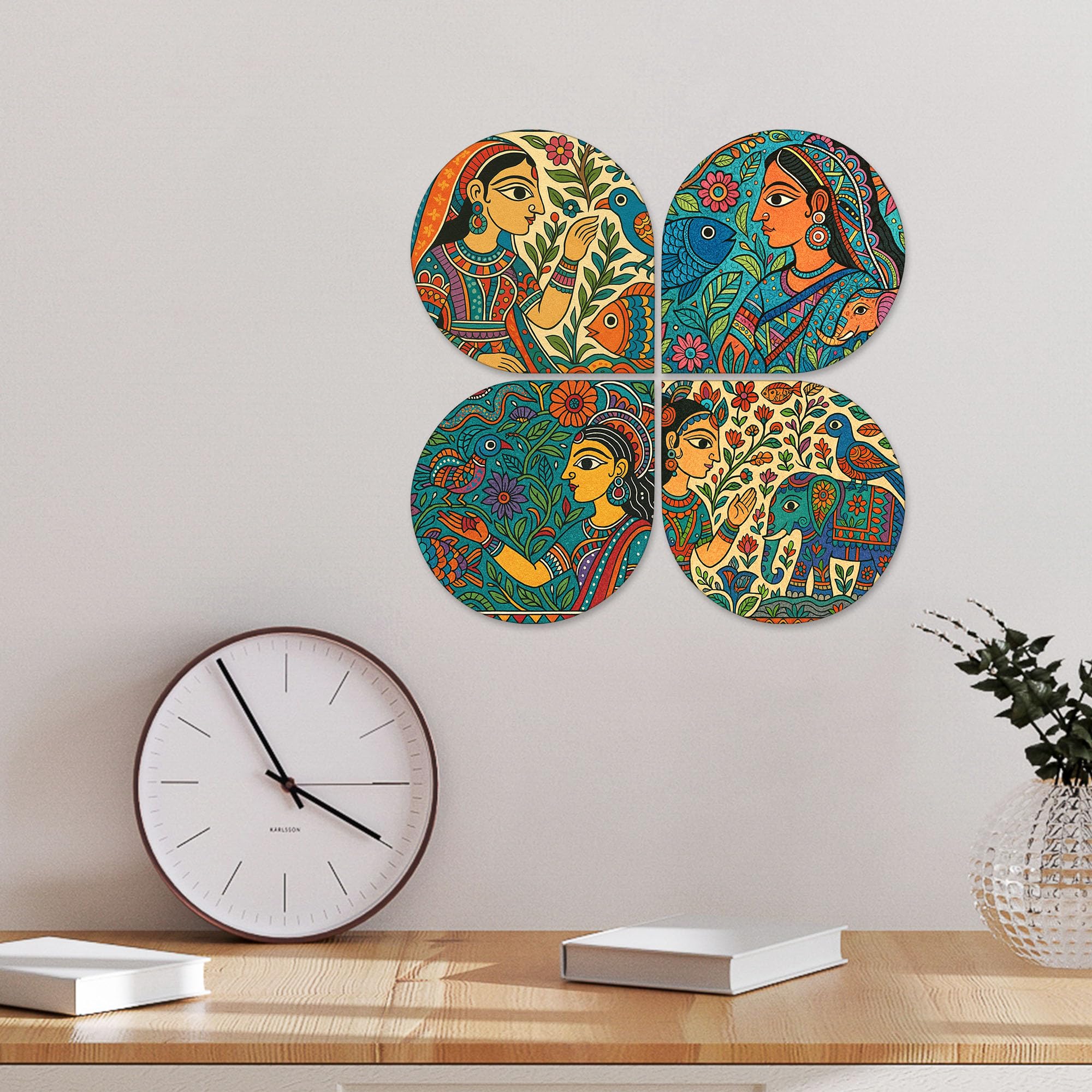 Artvibes Spiritual Decorative Wall Art MDF Wooden Wall Hanger for Living Room | Wall Sculpture | Signs & Plaques | Handcrafted Art | Wall Illustrations | Art For Wall | Gift Items (WH_8451N), Set of 4