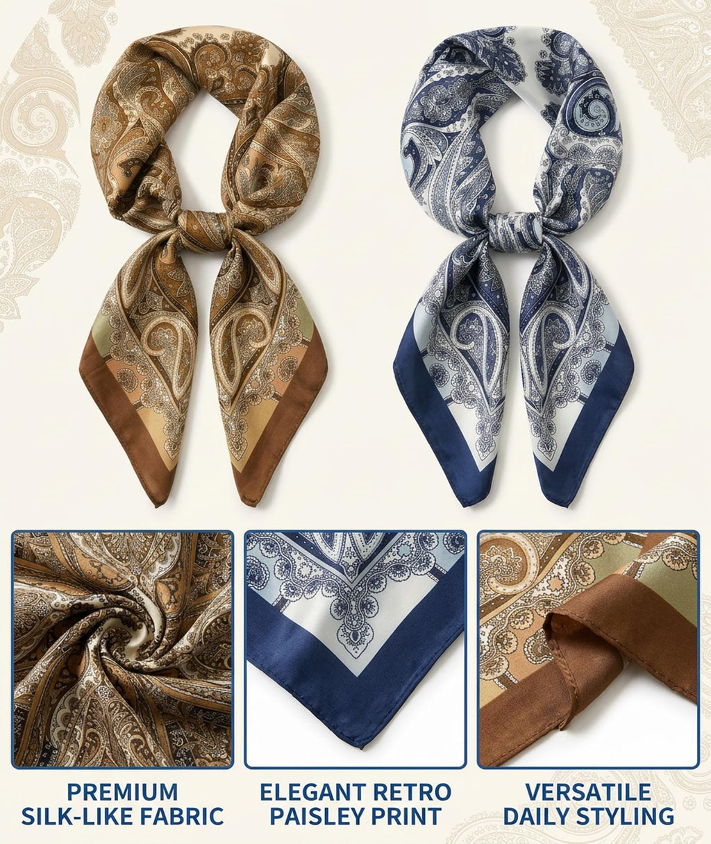NHCDFA 2PCS Scarf for Women Stylish Bandanas for Women, Versatile Fashion Accessory for Daily Styling and Special Occasions, Set of 2 Retro Print Square Scarves in Caramel and Navy Blue