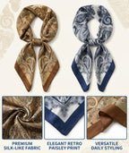 NHCDFA 2PCS Scarf for Women Stylish Bandanas for Women, Versatile Fashion Accessory for Daily Styling and Special Occasions, Set of 2 Retro Print Square Scarves in Caramel and Navy Blue