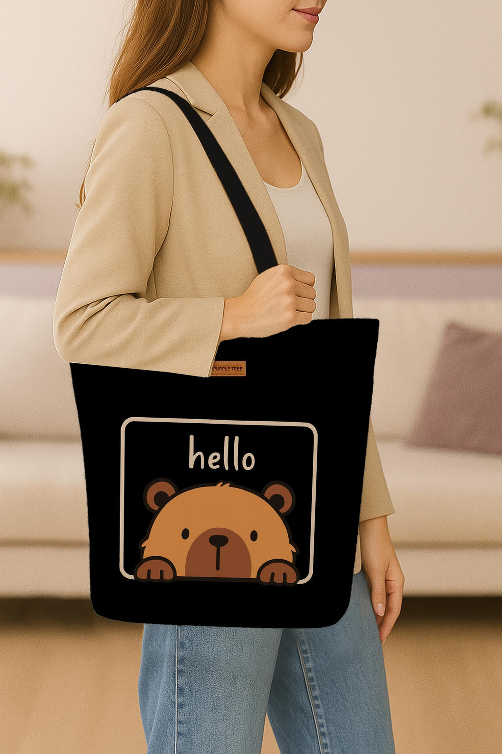 The Purple Tree Eco-Friendly Canvas Tote Bag, Sustainable, Reusable Shopping, Beach, Travel or Everyday Tote, Wide Tote Bag, Hello Bear