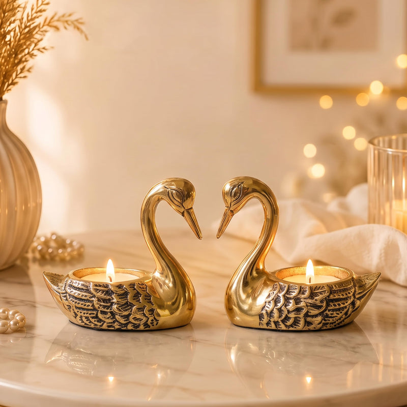 BEHOMA Metal Pair of Love Swans with 2 Tea Lights, Golden