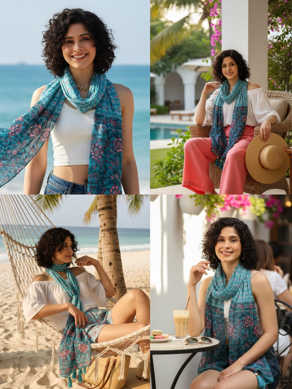 KE KANHA EXPORTS Scarf for Women Premium Cotton Boho | Dual Tone Border Print Stole with Tassels | Lightweight Summer Beach Wrap 180 x 50 cm (Aqua Blossom Blue)