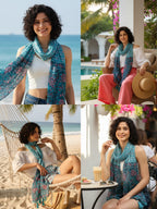 KE KANHA EXPORTS Scarf for Women Premium Cotton Boho | Dual Tone Border Print Stole with Tassels | Lightweight Summer Beach Wrap 180 x 50 cm (Aqua Blossom Blue)